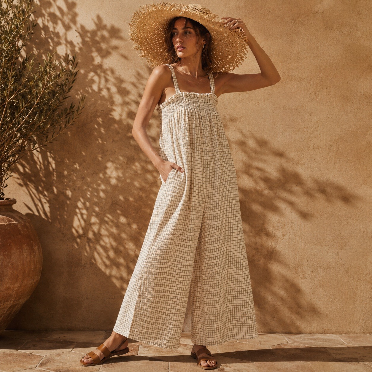 Laude The Label Laurel Jumpsuit Xs/S White Gingham Organic Cotton Overalls